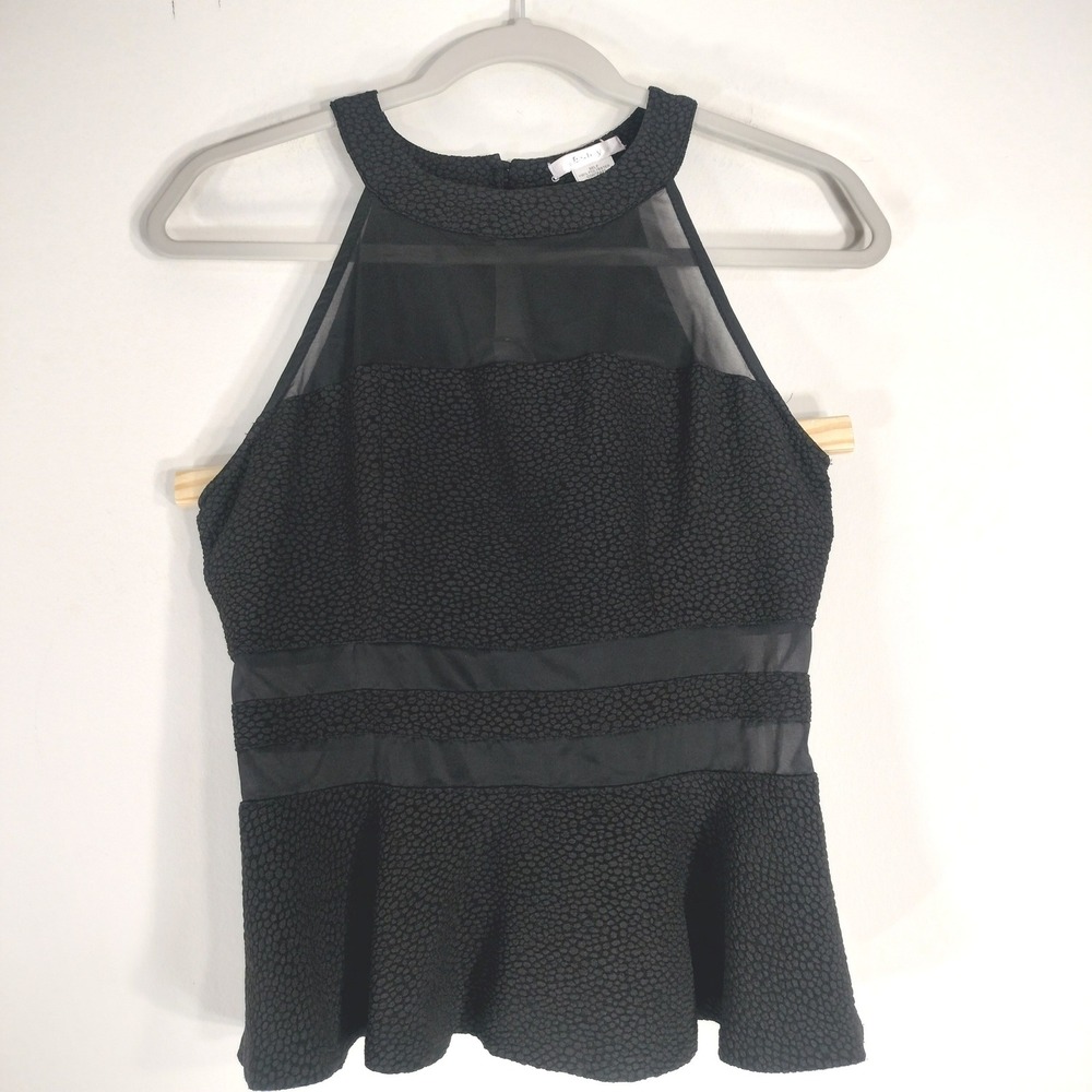 Esley Black Peplum Top; Halter Mesh Textured Sleeveless